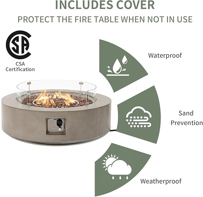 COSIEST Outdoor Propane Fire Pit Coffee Table w Gray 42 inch Round Base Patio Heater, CSA Certified, 50,000 BTU Stainless Steel Burner, Wind Guard, Tank Outside, Free Lava Rocks, Waterproof Cover