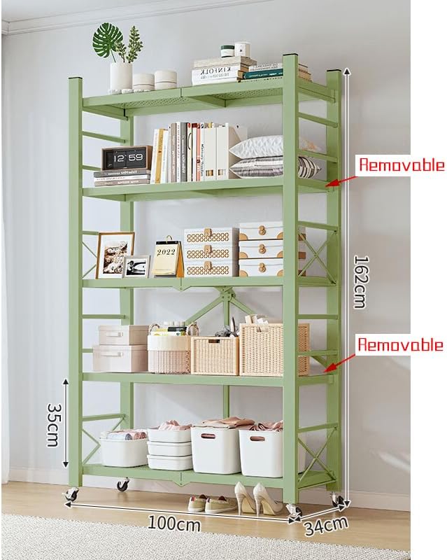 4-Tire Storage Rack, Height Adjustable, 40 * 13 * 61in Foldable Metal Garage Storage Shelves Organizer, Portable Metal Kitchen Shelving, Closet Shelving Unit Bakers Rack (Green 5 Shelfs)