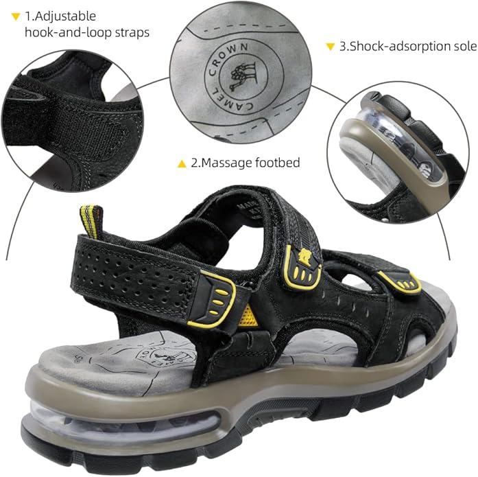 CAMEL CROWN Men's Leather Sandals for Hiking Walking Beach Treads Water Athletic Outdoor with Premium Air Cushion | Waterproof