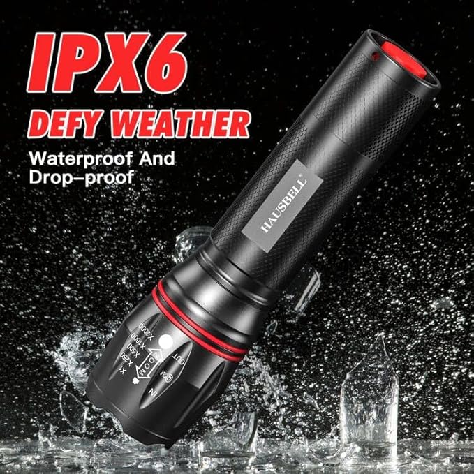 HAUSBELL T8 Upgraded Flashlight Bright, Zoomable Tactical LED Flashlights Flash Light with High Lumens and Five Modes and Camping Accessories, 2 Pack