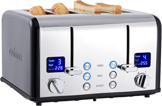 CUSIMAX 4 Slice Toaster, Stainless Steel, Ultra-Clear LED Display & Extra Wide Slots, with Dual Control Panels of 6 Shade Settings, Cancel/Bagel/Defrost Function, Removable Crumb Trays, Black