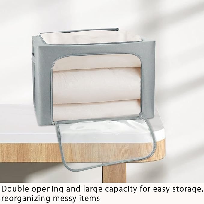 Clothes Storage Box Bins Stackable Foldable Organizer,Sturdy Handles with Metal Frame for Clothing Bedding Shelves,Closet Container with Clear Window Zipper and Label Holder (Gray, 66L x3 Pack)