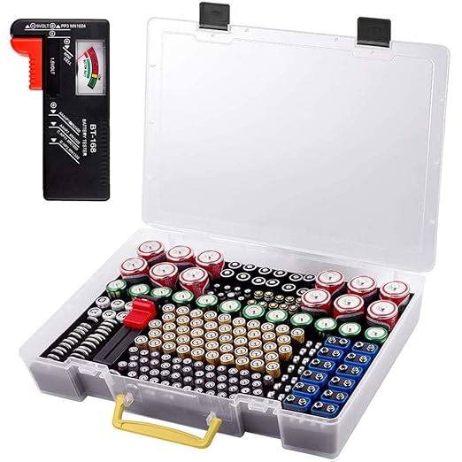 Battery Organizer Storage Holder- Batteries Case Containers Box with Tester Checker BT-168. Garage Organization Holds 225 Batteries AA AAA C D Cell 9V 3V Lithium LR44 CR2 CR1632 CR2032 (Grey)