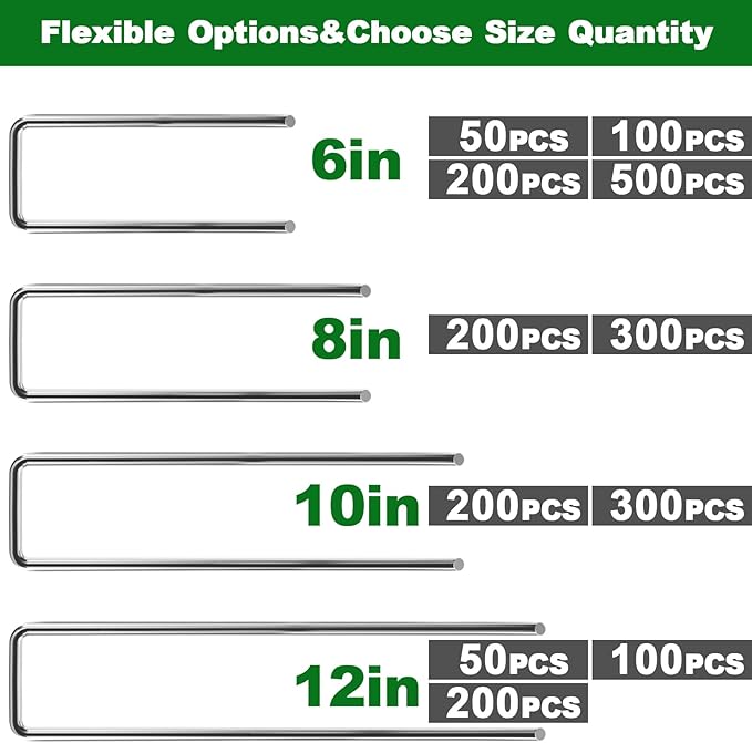 Amagabeli 10 Inch Galvanized Landscape Staples 300 Pack Garden Stakes Heavy-Duty Sod Pins Anti-Rust Fence Stakes for Weed Barrier Fabric Ground Cover Dripper Irrigation Tubing Soaker ET104