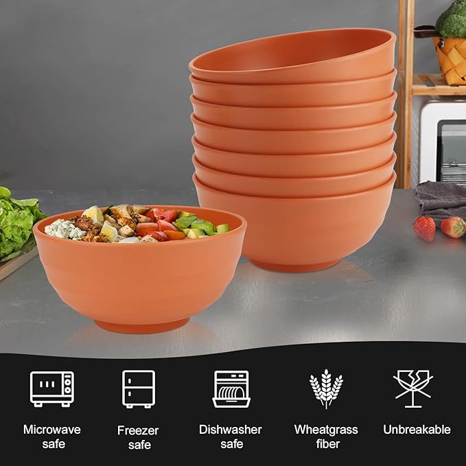 Homienly 60 OZ Large Salad Bowls,Wheat Straw Bowls Set of 8,Large Serving Bowl for Wedding Parties, Microwave and Dishwasher Safe Bowl for Salad,Soup,Big Bowls for Kitchen-Orange