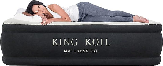 King Koil Luxury Pillow Top Plush Queen Air Mattress with High-Speed Built-in Pump, Blow Up Bed Top Side Flocking, Puncture Resistant, 16" Double High Inflatable Airbed Guests & Travel 1-Year Warranty