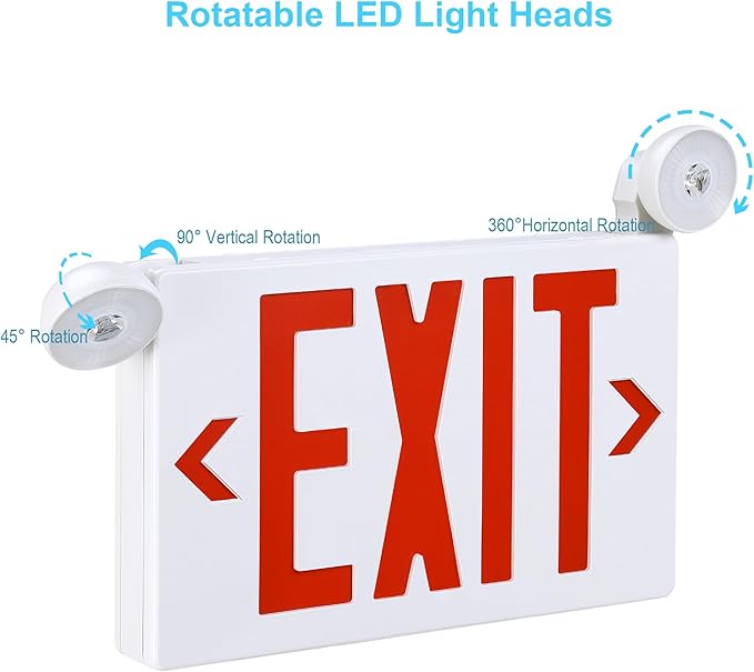 Gruenlich Exit Signs with Emergency Lights, 2 Adjustable LED Head with Battery Backup, 94V-0 Fire Resistant, AC 120/277V, Hardwired Commercial Emergency Light Combo for Business, 6 Pack