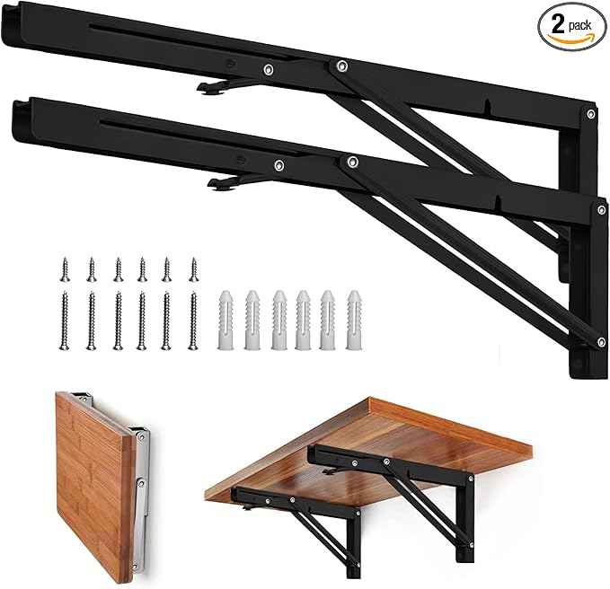 Folding Shelf Brackets - Heavy Duty Metal Collapsible Shelf Bracket for Bench Table, Shelf Hinge Wall Mounted Space Saving DIY Bracket, Max Load: 150 lb (24 Inch, Black)