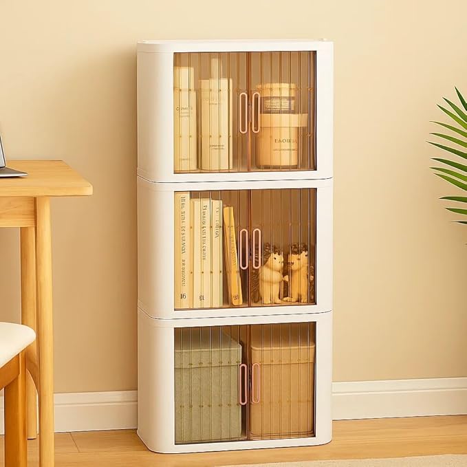 Closet Mounted Storage and Organization Systems Storage Bins with Lids and Rolling Doors Stackable Plastic Pantry Cabinet Cupboard Storage Cabinet with Sliding Door Wheels White，Large