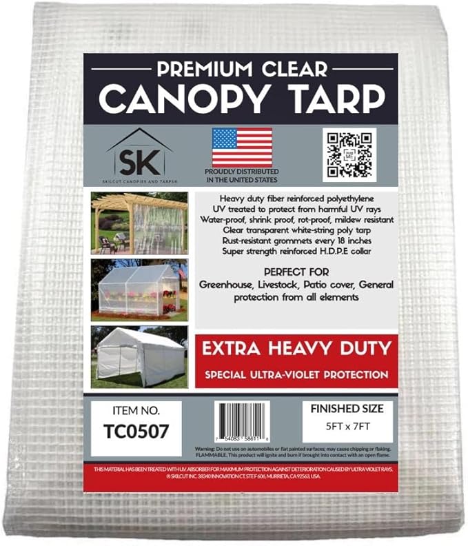 16 Mil Clear Poly Heavy Duty Tarp with Fiber Reinforcement - True Size Tarps with UV Protection, Tear Resistance, Flexibility, Reinforced Corners 5x7
