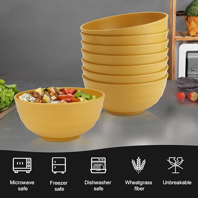 Homienly Wheat Straw Bowls Set Large Cereal Bowls Unbreakable Salad Bowl Set of 8 Sturdy and Stackable Serving Bowl Big Bowls for Salad,Cereal,Soup,Ramen,Dinner,Oatmeal Etc... (Yellow, 60 OZ)