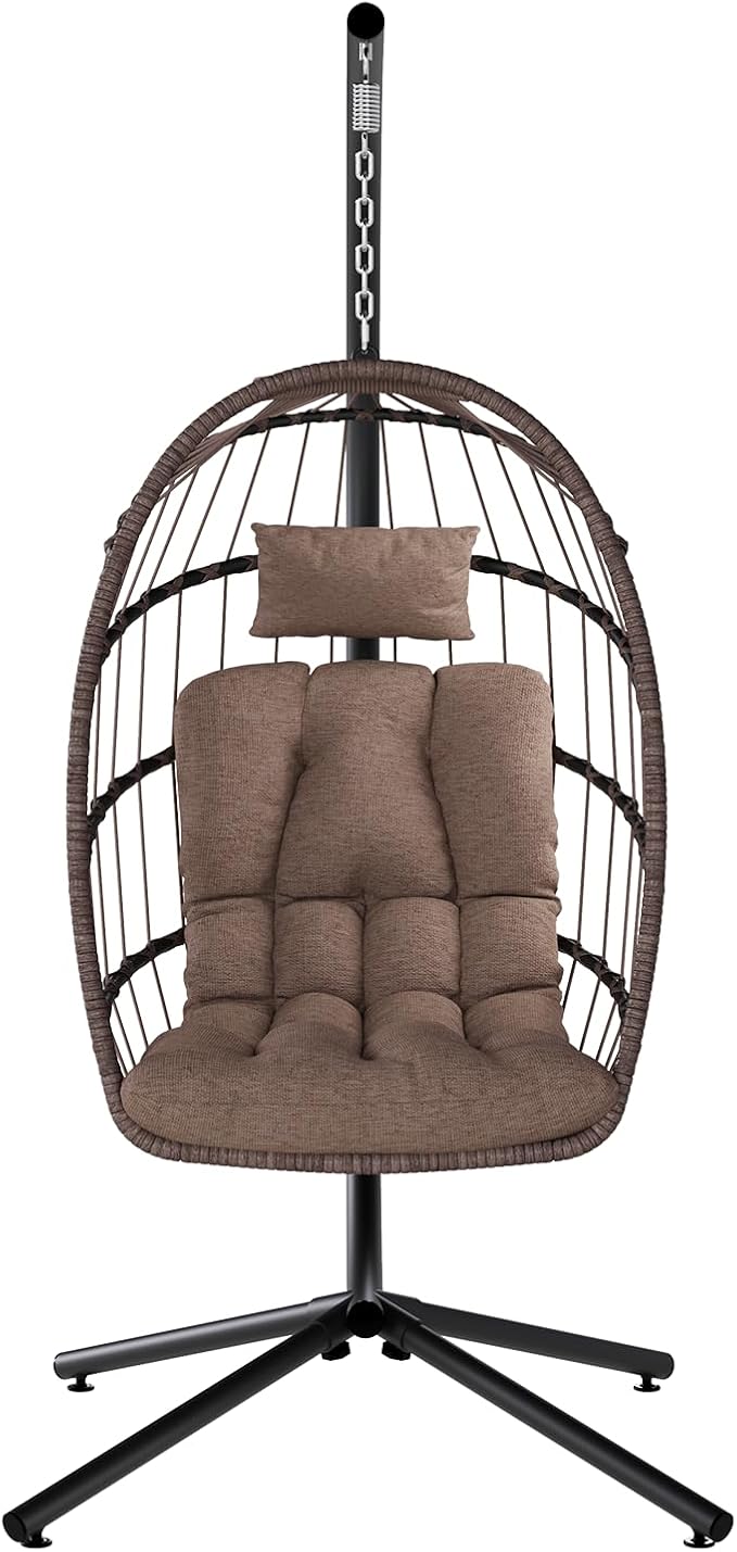 SWITTE Egg Chair Outdoor with Stand, Indoor Wicker Hanging Egg Swing Chair with Cushion, 350lbs Capacity for Patio, Bedroom, Garden - Brown