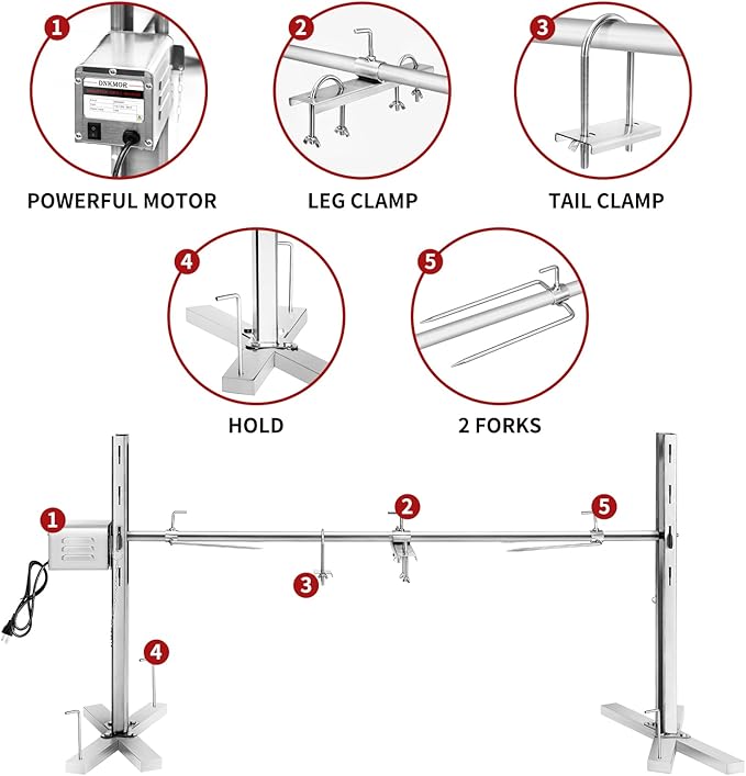 Rotisserie Grill Kit Stainless Steel Tripod Rotisserie Stand,52inch Pig Lamb Hooded Roaster Charcoal Spit with 15W Motor & Adjustable Height Lockable Casters for Outdoor Camping Party, Rated 90 LB