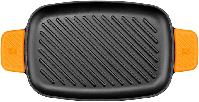 BRA COOKWARE Efficient Iron Rectangular Ribbed Grill | 13 inches x 8.7 inches Cast Iron Rectangular Griddle | All Heat Sources Compatible | PFOA Free | W/o Non-Stick | Silicon Handle | Non Deformable