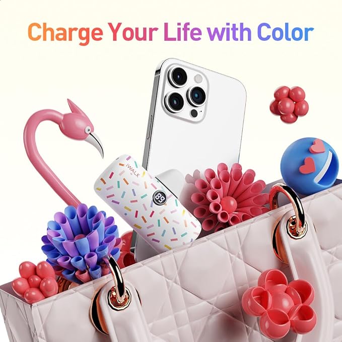 iWALK USB-C Portable Charger with Colorful Pattern, 20W PD Fast Charging 4800mAh Small Power Bank with LED Display, Compatible with iPhone 16/15, 16/15 Plus, 16/15 Pro Max, iPad, Airpods, White