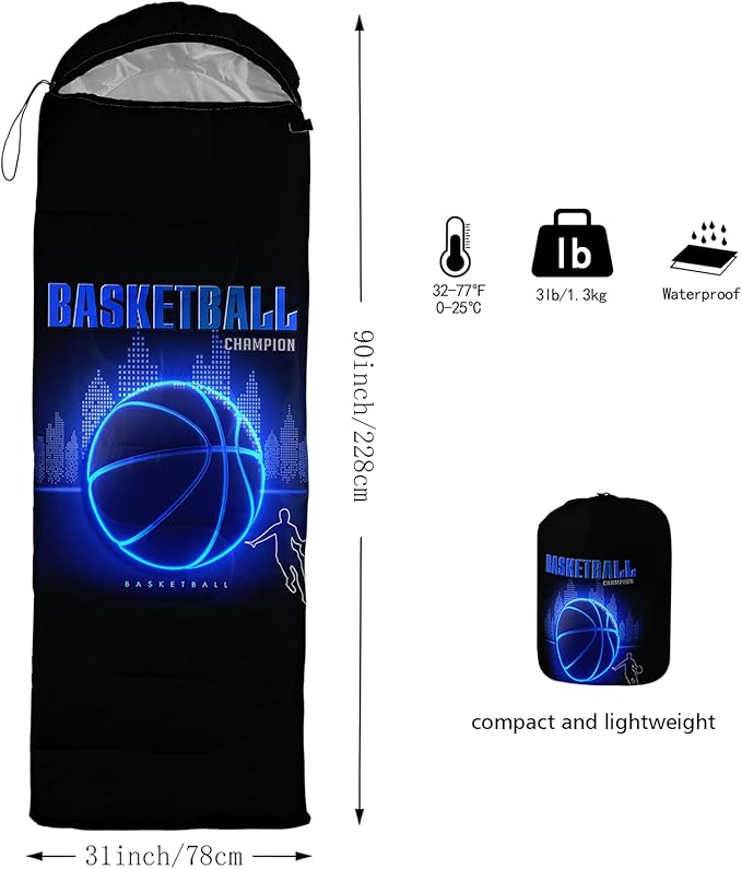 AILONEN Blue Glowing Basketball Sleeping Bag for Kids Boys,Warm and Cool Weather,Lightweight,Waterproof Backpacking,City Theme Ball Sports Sleeping Bag for Camping