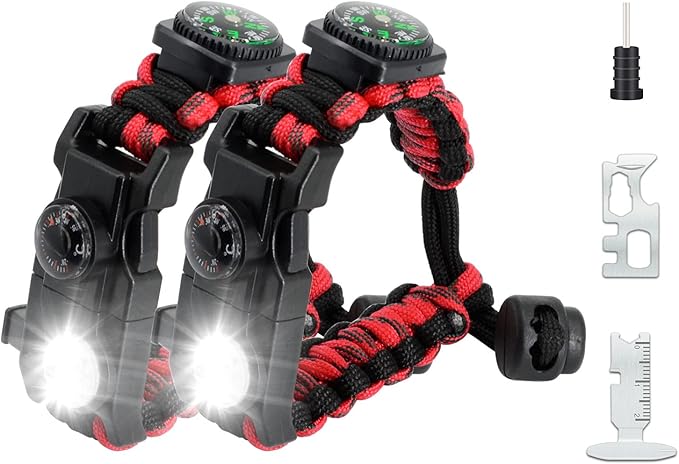 20 in 1 Survival Paracord Bracelet Adjustable Gear Kit with SOS LED Light, Fire Starter, Bigger Compass, Survival Whistle, Perfect for Camping, Hiking, Fishing