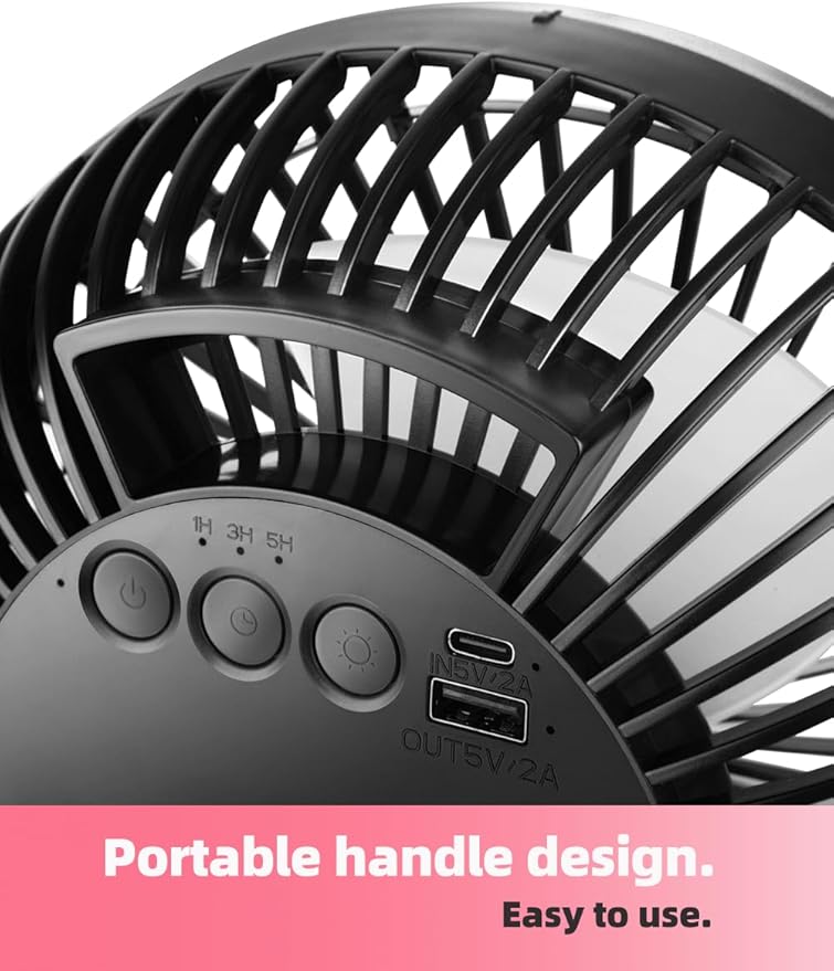 8'' Rechargeable Portable Hanging RV Tent Clip fan with Remote, 10000mAh Camping Fan, 3 Speed, Max 40 Hours Working Time, with LED light and Timer, 720°Rotation, as Emergency Power - Black