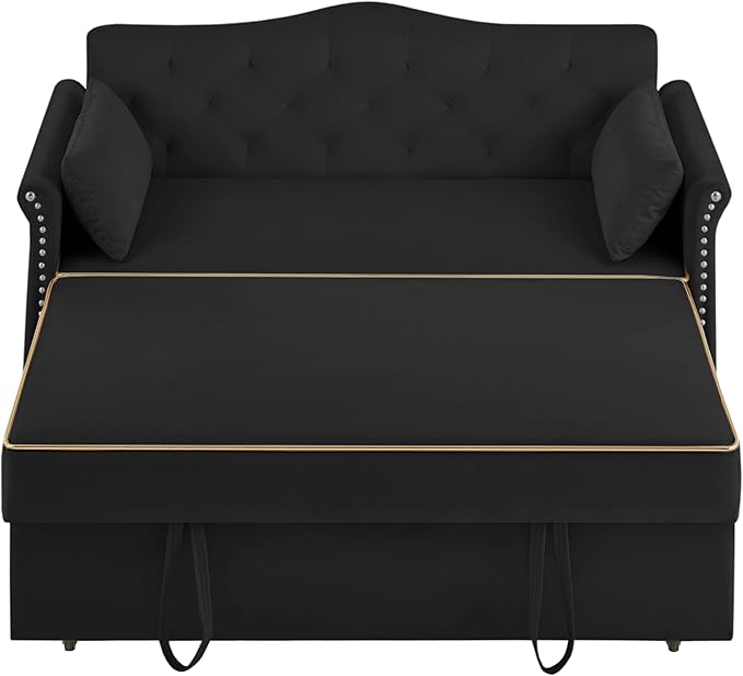 57" Velvet Pull-Out Sofa Bed, 3-in-1 Convertible Loveseat with Gold Trim Strips and Adjustable Backrest, Perfect for Living Rooms, Offices and Apartments (Black)