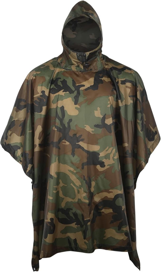 GRVCN Military Rain Poncho, Camouflage Raincoat Outdoor Waterproof Lightweight