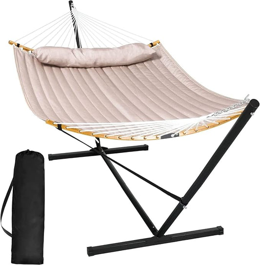 SUNCREAT 55 Inch Large Double Hammock with Stand, 450lbs Capacity, Outdoor Portable Hammock with Curved Spreader Bar, Extra Large Pillow, Tan
