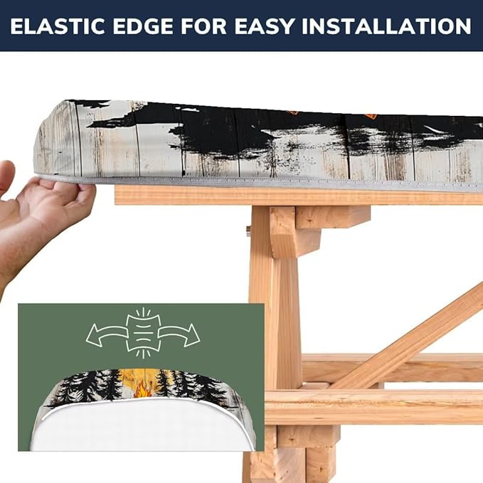 CAPSCEOLL Fitted Picnic Table Cover with Bench Covers with Elastic 6Ft Waterproof Camping Picnic Table Cover Cloths for Outdoors Tablecloth with Drawstring Bag, 72X30in, Camping on Wood