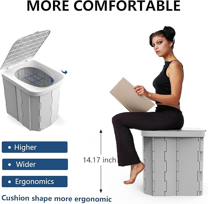 Hapoon XL Portable Folding Toilet with Lid - Travel Portable Potty for Adults, 12 Toilet Bags, 12 Pack Liquid Waste Gel