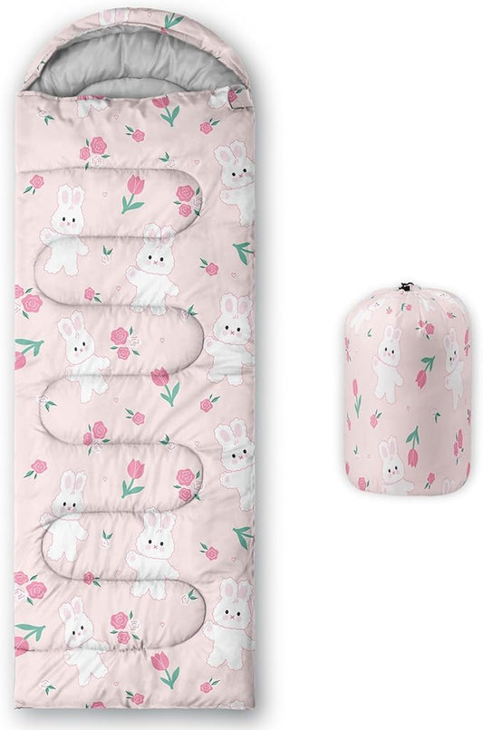 AILONEN Pink Lovely Rabbit Sleeping Bag for Girls Kids Adults,Warm and Cool Weather,Lightweight,Waterproof Backpacking,Cartoon Flowers Printed Bunny Sleeping Bag for Camping