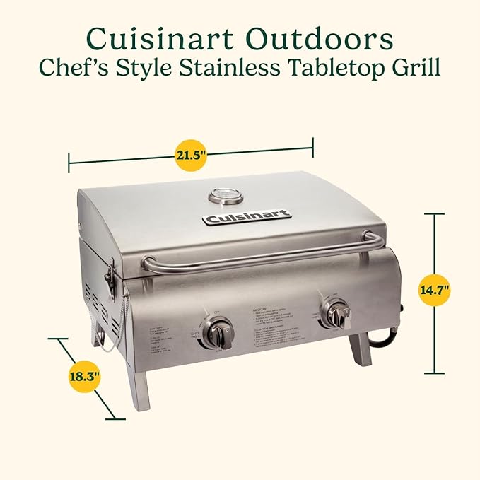 Cuisinart Chef's Style Tabletop Portable Propane Gas Grill, 20,000 BTU Stainless Steel 2-Burner Outdoor BBQ Grill for Camping, Tailgates, BBQ, Hassle-Free Setup