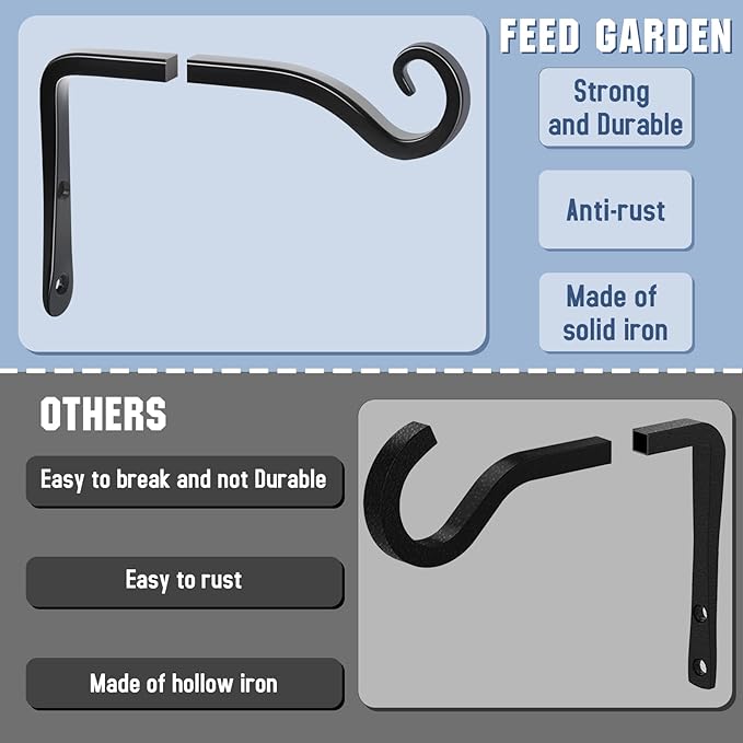 FEED GARDEN Hanging Plant Bracket 2 Pack 6 Inch Hand-Forged Plant Hangers for Outdoor with Screws