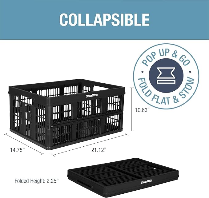 CleverMade Collapsible Utility Crates-Obsidian 3pck 45L / 11 Gal holds 66 lbs - Stackable Containers Heavy Duty Capacity Crates Space-Saving Baskets