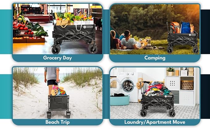 Collapsible Foldable Wagon Cart, 440lbs Heavy Duty Utility Wagon with All-Terrain Wheels, Folding Outdoor Cart with Brakes for Beach, Sports, Camping, Garden, Shopping – Black