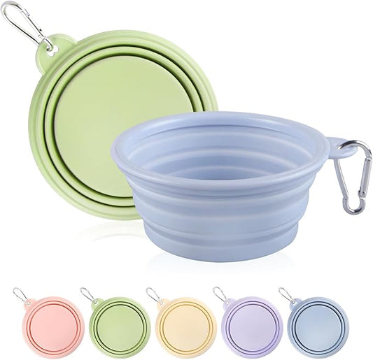 Collapsible Dog Bowls 2-Pack, Portable Travel Dog Bowl with Carabiner, Food-Grade Silicone Pet Bowl for Hiking, Walking (Macaron Blue and Green)