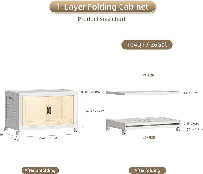 104 QT / 26 Gal Stackable Collapsible Storage Bins with Magnetic Doors & Wheels - Space-Saving Plastic Organizer Cabinet for Closet, Office, Home (White)