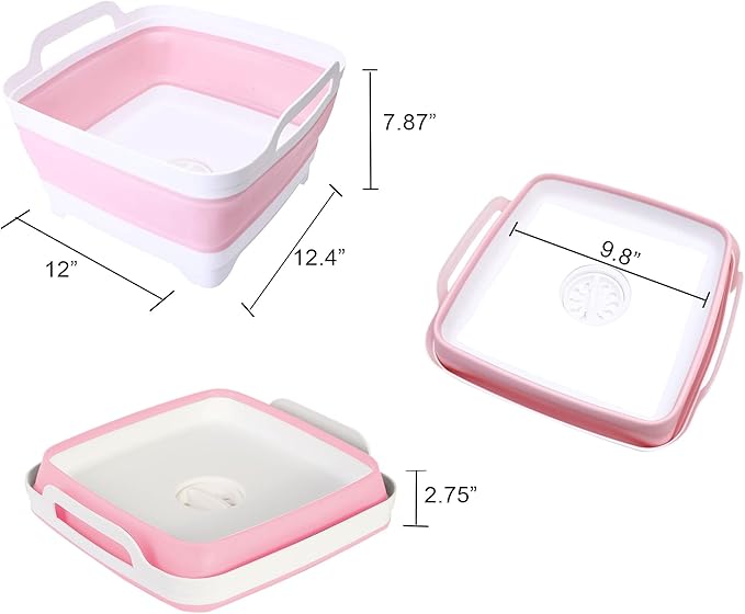 9L (2.4Gal Dish Basin Collapsible with Drain Plug Carry Handles , Space Saveing Kitchen Storage Tray Dish Wash Basin, Portable Dish Tub for Camping ,RV,Pink