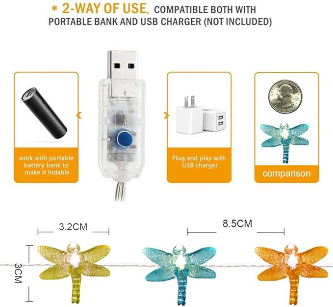 Dragonfly Decorative String Lights, 18.7 Ft 40 LED USB Plug-in Copper Wire Dragonfly Fairy Lights for Various Decoration Projects (Warm White, Remote Control with Timer)