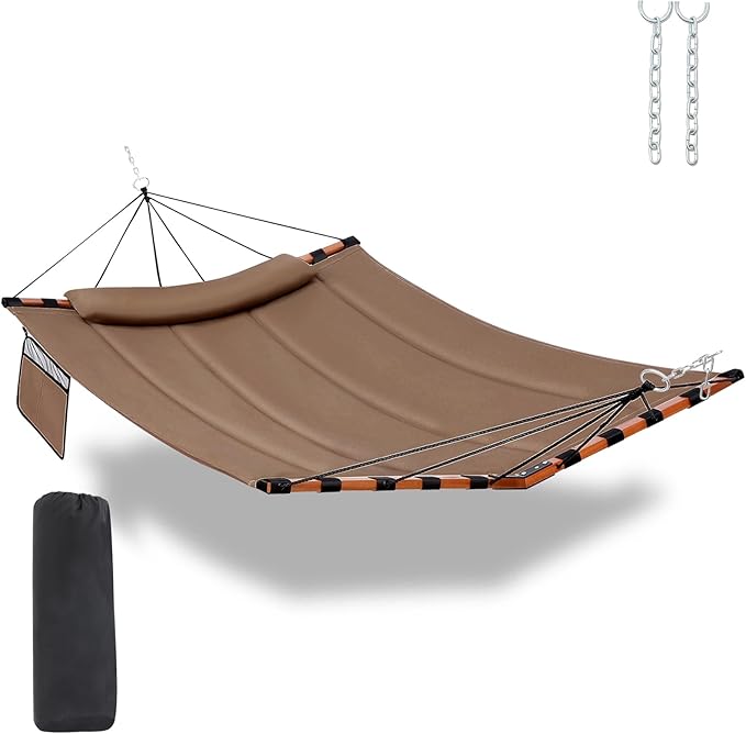 TegerDeger 12FT 2 Person Hammock Large Hammock 450LB Capacity with V Shaped Hardwood Spreader Bar & Nylon Rope for Outside, Patio, Garden, Backyard, Beach, Poolside - Brown