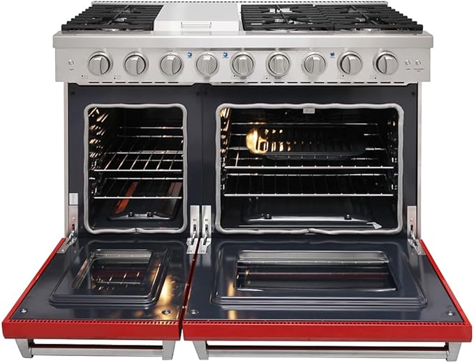 48 inch Pro-Style Natural Gas Range or Liquid Propane Gas Range with 6 Burners & 1 Griddle Cooktop, Double 4.6 cu. ft. and 2.2 cu. ft. Oven, in Stainless Steel - KOS-48RG03M (Red)