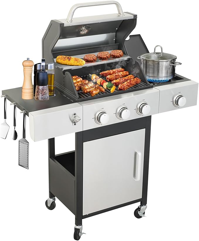 3 Burner Propane Gas Grill with Side Burner, Stainless Steel Outdoor Grill with Enameled Cast Iron Grates, 37230 BTU Gas Grill for Outdoor Barbecue BBQ Grill