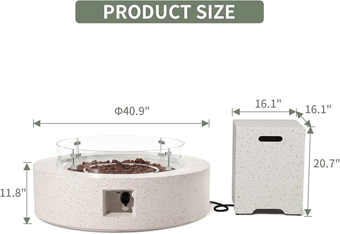 COSIEST 2-Piece Outdoor Propane Firepit Table Set w Tank Table, 42 inch Dark Fire Table CSA Certified, 50,000 BTU w Beige Round Base,Wind Guard and 16 inches Tank Side Table 20lb for Garden,Pool