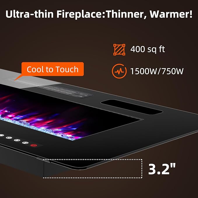 BREEZEHEAT 72 Inch Ultra Thin Electric Fireplace-Freestanding or Recessed Wall Mounted Fireplace Heater, Remote Control, Touch Screen, 750W/1500W, 8H Timer for Living Room, Bedroom, Office