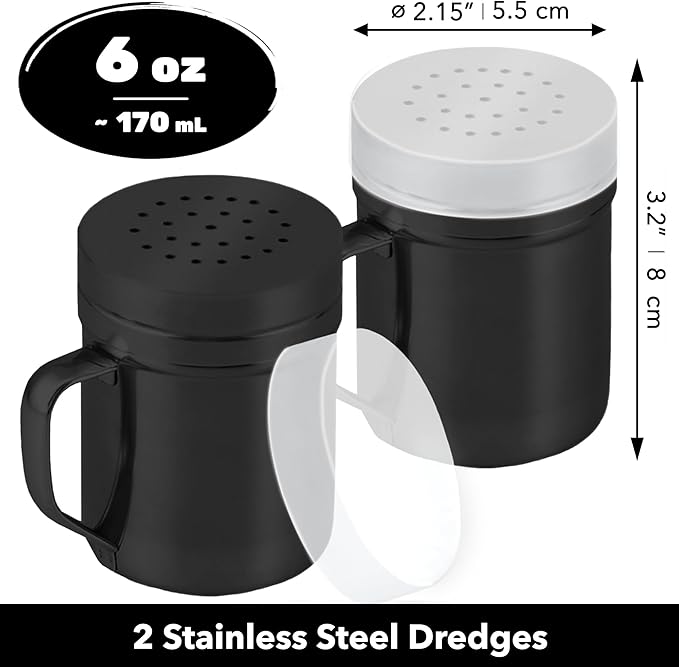 CUSINIUM 6oz Black Stainless Steel Salt Pepper Dredge Shakers - With Plastic Cap - With Handle - Pack of 2