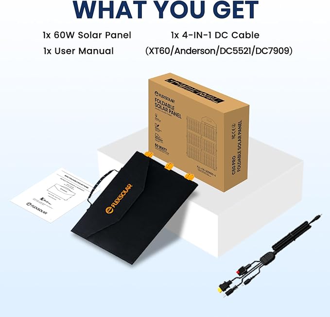 60W Portable Solar Panel for Power Station, 24% High Efficiency Foldable Solar Charger with QC3.0 USB-A PD3.0 DC Output, IP67 Waterproof Solar Panels for Camping RV, Power Outage (Without Generator)