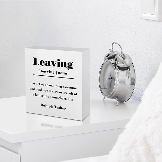 Funny Leaving Definition Office Supplies Rustic Desk Decor White Wooden Box Sign Farewell Gifts for Coworkers Farmhouse Wood Plaque Goodbye Retirement Gifts Cubicle Accessories Home Shelf Decorations