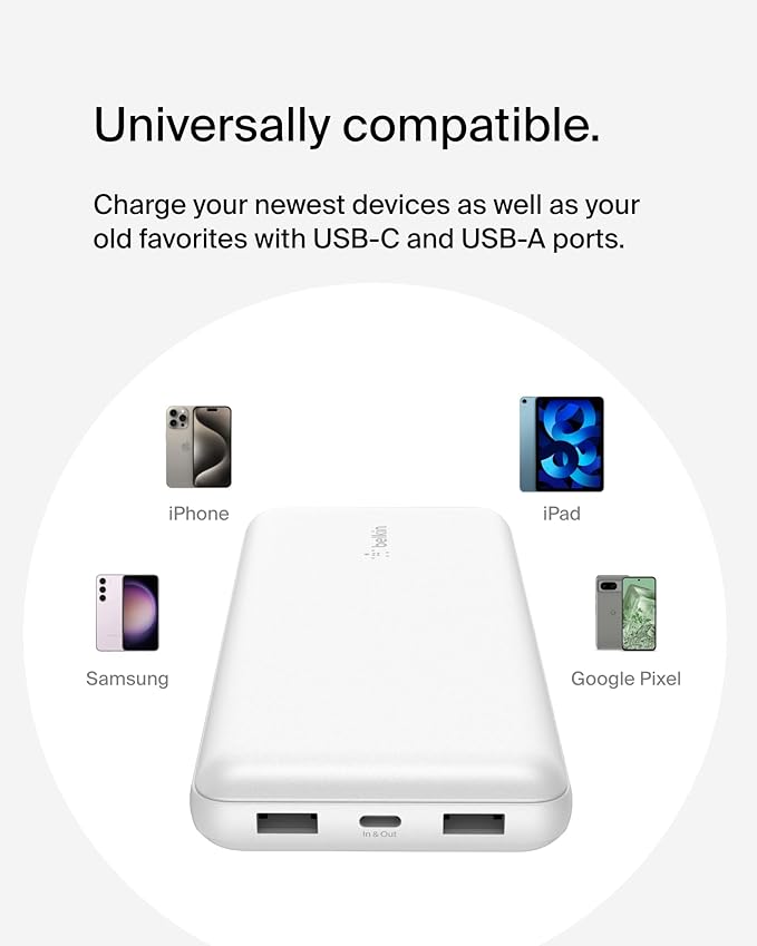 Belkin Portable Charger, USB C Power Bank 20000 mAh w/ 1xUSB-C Port & 2xUSB-A Ports, 15W w/Type-C to Type-A Cable - iPhone 17, Samsung Galaxy S25, Nintendo Switch 2, Google Pixel 10, etc. - White