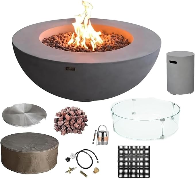Elementi Lunar Bowl Cast Concrete Fire Table Bundle, Outdoor Fire Pit Fire Table Patio Furniture, Light Gray (Liquid Propane Gas)
