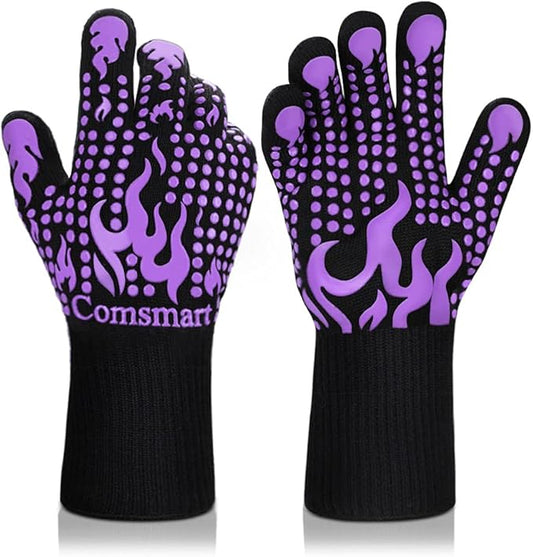 Comsmart BBQ Gloves, 1472 Degree F Heat Resistant Grilling Gloves Silicone Non-Slip Oven Gloves Long Kitchen Gloves for Barbecue, Cooking, Baking(Purple)