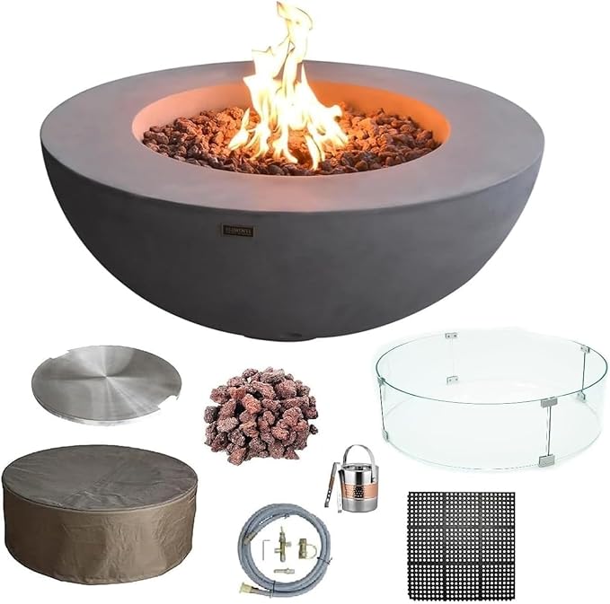 Elementi Lunar Bowl Cast Concrete Fire Table Bundle, Outdoor Fire Pit Fire Table Patio Furniture, Light Gray (Natural Gas)