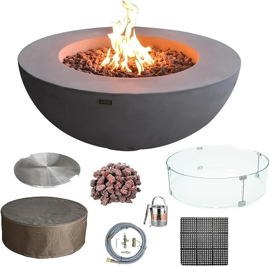 Elementi Lunar Bowl Cast Concrete Fire Table Bundle, Outdoor Fire Pit Fire Table Patio Furniture, Light Gray (Natural Gas)