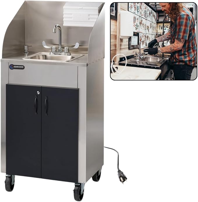 Ozark River Portable Sinks Elite PRO1, Free Standing Portable Concession Sink, Commercial Restaurant Portable Sink with Hot Water, Stainless Food Service Sink, Black Doors-Black Edges-Splashguard